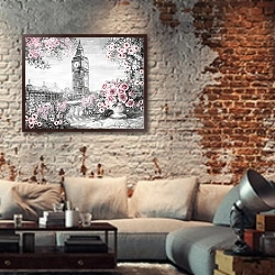 «Вид на Биг-Бен в серо-розовых тонах» в интерьере гостиной в стиле лофт с кирпичной стеной