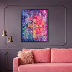 «Eastern Cross, 2000» в интерьере гостиной с розовым диваном
