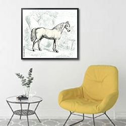 «Белая лошадь, ретро» в интерьере комнаты в скандинавском стиле с желтым креслом