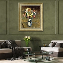 «Хризантемы в вазе» в интерьере гостиной в оливковых тонах