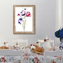 «Синие и красные тюльпаны на белом» в интерьере столовой в стиле прованс над столом