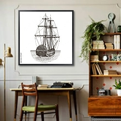 «Иллюстрация с уплывающим парусником» в интерьере кабинета в стиле ретро над столом