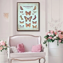 «Винтажный плакат с яркими  бабочками» в интерьере гостиной в стиле прованс над диваном