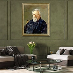 «Portrait of Nikolay Leskov» в интерьере гостиной в оливковых тонах