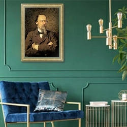 «Portrait of Nikolay Alekseyevich Nekrasov, 1877 1» в интерьере в классическом стиле с зеленой стеной