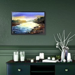«Горная река утром 2» в интерьере классической гостиной с зеленой стеной над диваном
