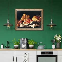 «Glass of Wine, Watermelon and Bread» в интерьере кухни с зелеными стенами
