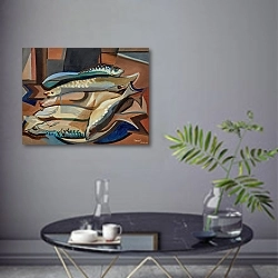 «Nature morte aux poissons» в интерьере современной гостиной в серых тонах