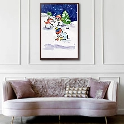 «Little Snowmen Snowballing, 1996» в интерьере гостиной в классическом стиле над диваном