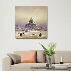 «Зимний пейзаж с Исаакиевским собором» в интерьере современной светлой гостиной над диваном