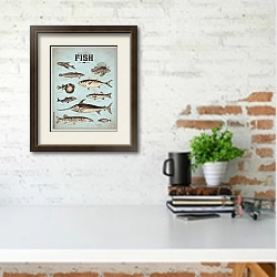 «Ретро плакат с видами рыб 2» в интерьере кабинета с кирпичной стеной