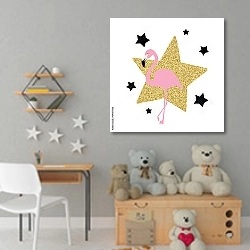 «Розовый фламинго со звездами» в интерьере детской комнаты для девочки с игрушками