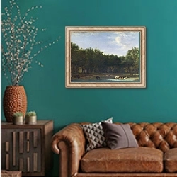 «Опушка леса 3» в интерьере гостиной с зеленой стеной над диваном