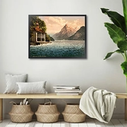 «Швейцария. Часовня на берегу озера» в интерьере комнаты в стиле ретро с плетеными корзинами