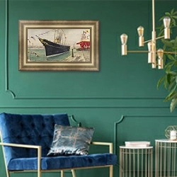«Яхта Штандарт на причале в Дюнкерке» в интерьере гостиной в оливковых тонах