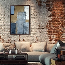 «Серо-бежевая абстракция» в интерьере гостиной в стиле лофт с кирпичной стеной