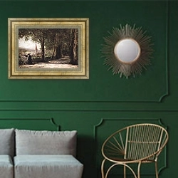 «Аллея в Цюрихе. 1865» в интерьере классической гостиной с зеленой стеной над диваном