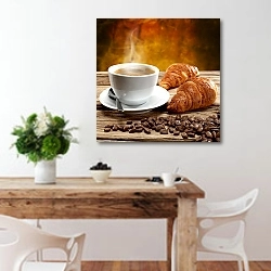 «Кофе с круассанами» в интерьере кухни с деревянным столом