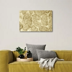 «Отпечатки листьев на старой бумаге» в интерьере в скандинавском стиле с желтым диваном