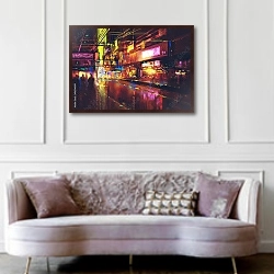 «Неоновый город» в интерьере гостиной в классическом стиле над диваном