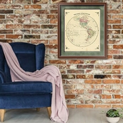 «Карта Западного полушария, 19 в. 1» в интерьере в стиле лофт с кирпичной стеной и синим креслом