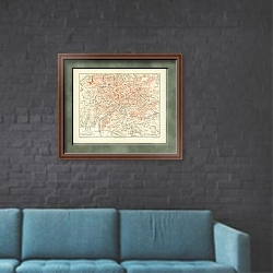«Карта мира с полушариями» в интерьере в стиле лофт с черной кирпичной стеной