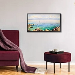 «Акварельная живопись, морской пейзаж» в интерьере зеленой гостиной над диваном