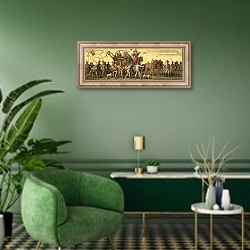 «Procession of homage in honour of Emperor Franz Joseph I of Austria» в интерьере гостиной в зеленых тонах
