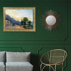 «Летний день в Крыму» в интерьере классической гостиной с зеленой стеной над диваном