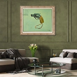 «Pistola dos» в интерьере гостиной в оливковых тонах