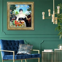 «Купчиха за чаем» в интерьере в классическом стиле с зеленой стеной