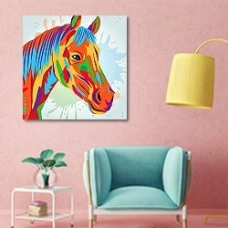 «Цветная лошадь, портрет» в интерьере комнаты в стиле поп-арт с розовыми стенами