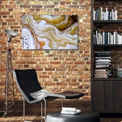 «Волнистая структура коричневого минерала» в интерьере кабинета в стиле лофт с кирпичными стенами