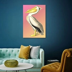 «Американский белый пеликан» в интерьере гостиной в стиле поп-арт с синими стенами