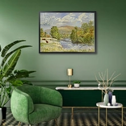 «River Spey, Kinrara, 1989» в интерьере гостиной в зеленых тонах