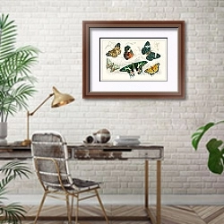 «Коллекция различных бабочек» в интерьере кабинета с кирпичными стенами над столом