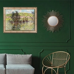 «Vetheuil, View from Lavacourt, 1879» в интерьере классической гостиной с зеленой стеной над диваном