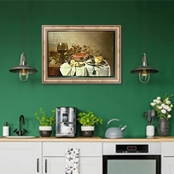 «Breakfast still life with roemer and a crab» в интерьере кухни с зелеными стенами