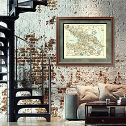 «Карта Кавказа» в интерьере двухярусной гостиной в стиле лофт с кирпичной стеной