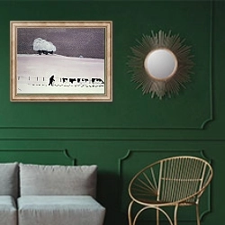 «Cows in a snowstorm» в интерьере классической гостиной с зеленой стеной над диваном