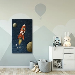 «Космическая ракета» в интерьере детской комнаты для мальчика с росписью на стенах