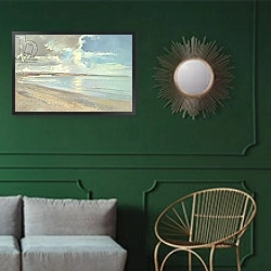 «Reflected Clouds, Oxwich Beach, 2001» в интерьере классической гостиной с зеленой стеной над диваном