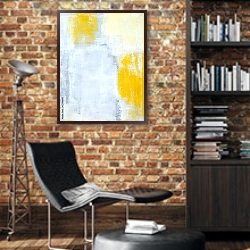 «Бело-желтая абстракция 1» в интерьере кабинета в стиле лофт с кирпичными стенами