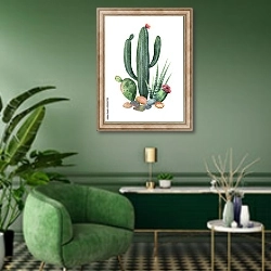 «Акварельный кактус 1» в интерьере гостиной в зеленых тонах