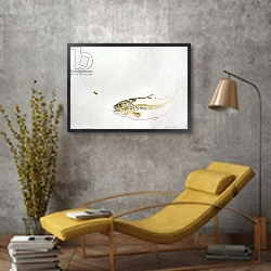 «Trout chasing a fisherman's fly» в интерьере в стиле лофт с желтым креслом