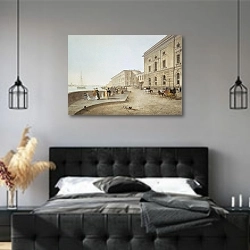 «Вид набережной Невы у здания старого Эрмитажа» в интерьере современной спальни с черной кроватью