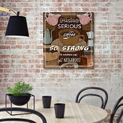 «Ретро кофейный набор, постер» в интерьере современной кухни с кирпичной стеной