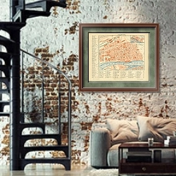 «План Будапешта, Венгрия, конец 19 в.» в интерьере двухярусной гостиной в стиле лофт с кирпичной стеной