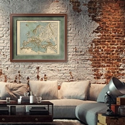 «Карта Европы. 1867год» в интерьере гостиной в стиле лофт с кирпичной стеной