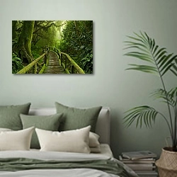 «Непал. Мост в экваториальном лесу» в интерьере современной спальни в зеленых тонах